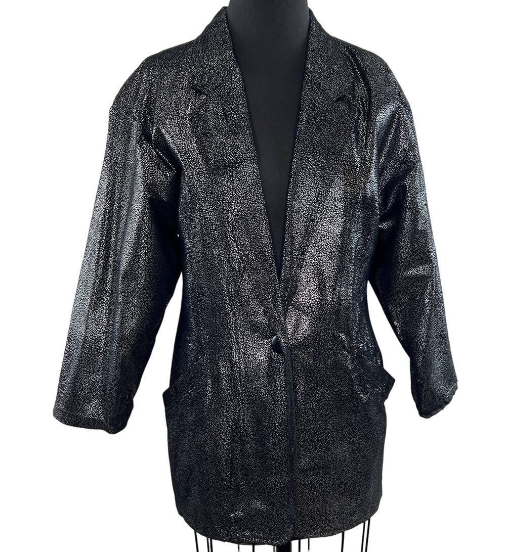 VINTAGE Suede Leather Black Metallic One Button Notch Collar Blazer Jacket 8 VTG